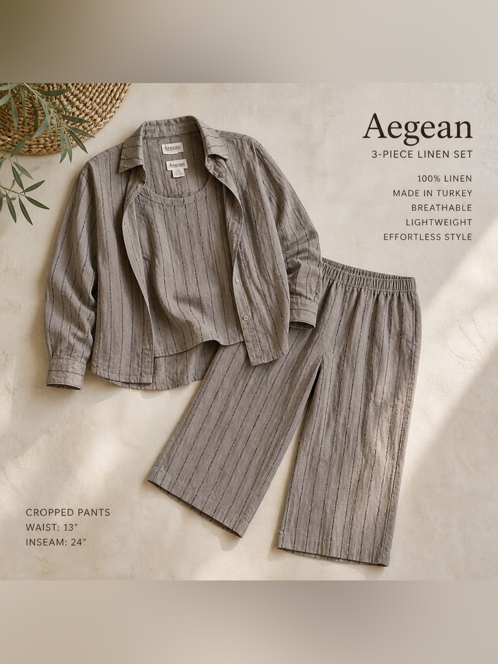 Aegean 3-Piece 100% Linen Set XS Taupe Stripe Jacket Tank Cropped Pants Coastal